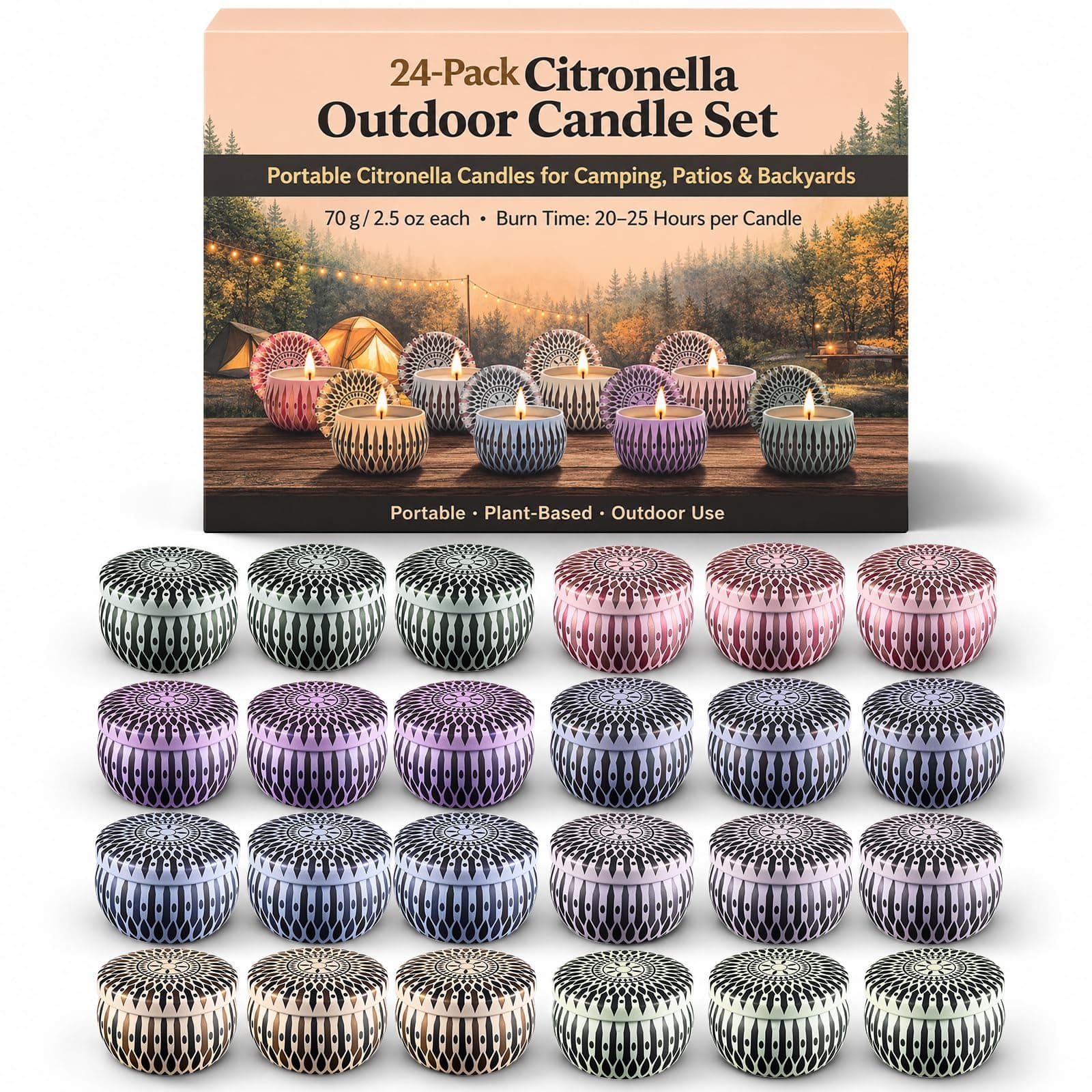 24 Pack Citronella Outdoor Candle Set, Soy Wax Tin Candles with 7% Citronella Oil, 2.5 oz Each, Up to 600 Hours Total Burn Time, Portable Patio Candles for Backyard, Camping, BBQ, Summer Use Citronella 24-Candle Set