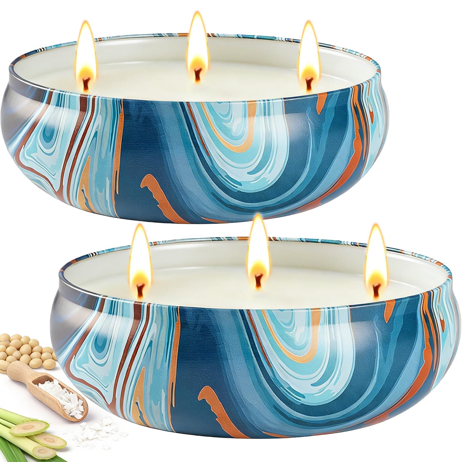 Citronella Candles Outdoor for Patio, 12oz Large 3-Wick Natural Soy Wax Candle, 2 Pack, Total 160H Long Lasting Citronella Oil Candle with Lids, Blue Marble Tin for Backyard, Deck, Camping, Indoor