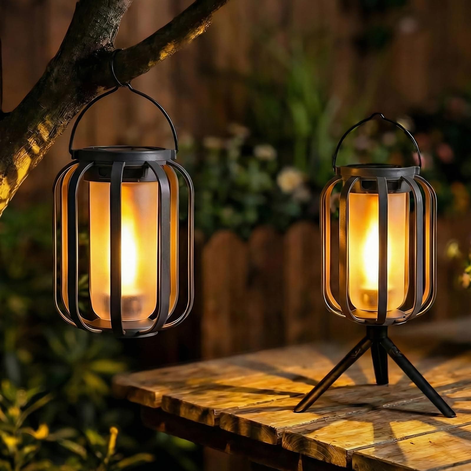 (4 Pack) Solar Lanterns Outdoor Waterproof Garden Decor, Flickering Flame Hanging Solar Lights with Tripod Decoration Outside for Yard, Patio, Backyard, Garden, Ideal Gifts for Women Mom Grandma
