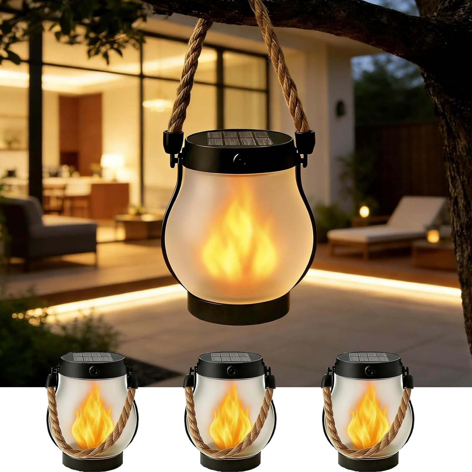 4PCS Solar Lanterns Outdoor with Ultra-Real Flame, Outdoor Flickering Hanging Lights IP65 Waterproof, 2 Modes, Dual USB/Solar, Auto On/Off for Garden Yard Patio Porch Halloween Christmas Decor