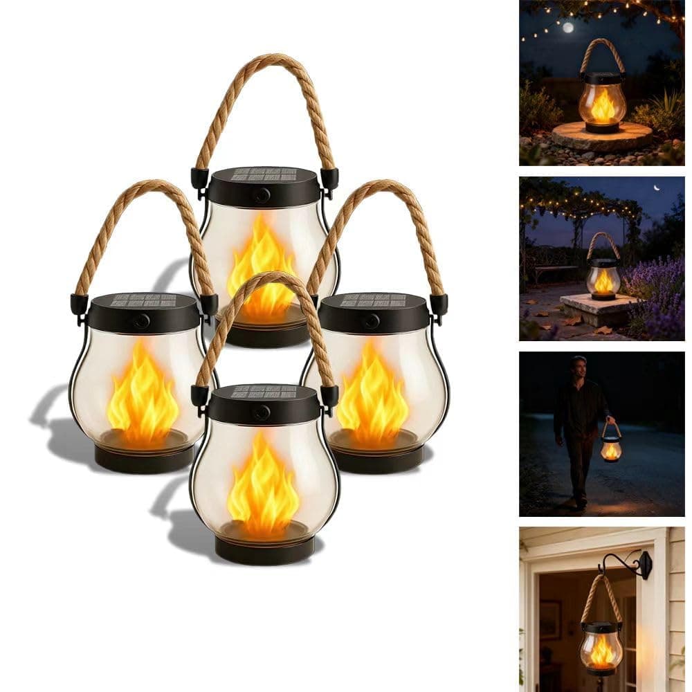 Kaliqo Solar Lantern Outdoor Lights, Realistic Dancing Flame Effect, Solar Powered Lanterns for Camping, 100% Waterproof, Hemp Rope Flame for Patio Garden Decor (4 PCS)